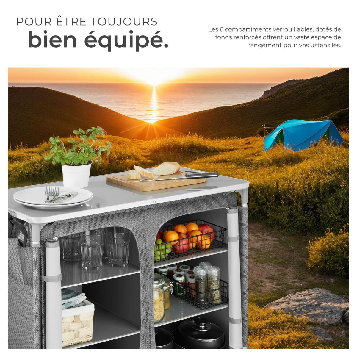 tectake Meuble de camping deluxe avec 6 compartiments pliable gris