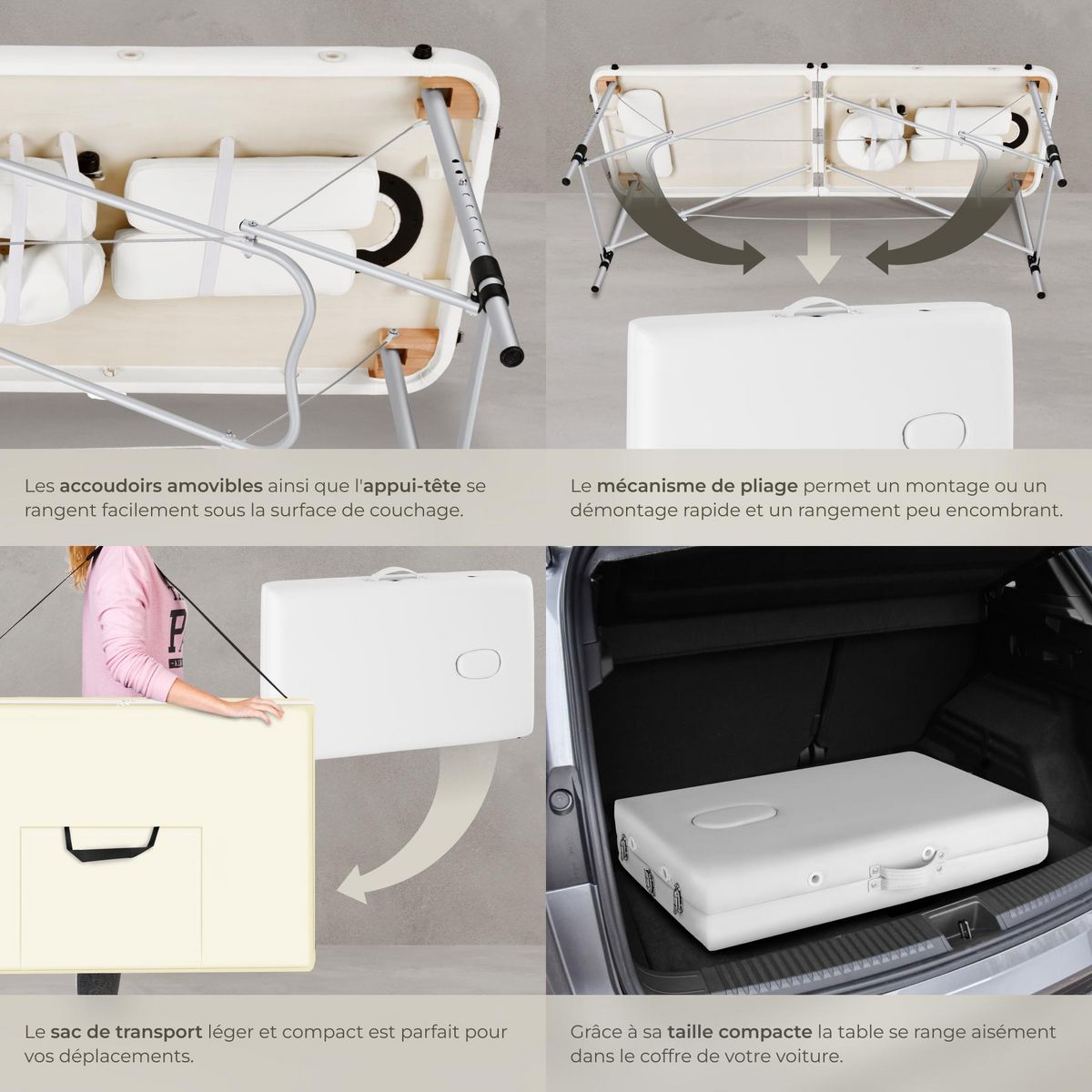 tectake Table de massage portable pliante 2 zones avec sac de transport inclus blanc