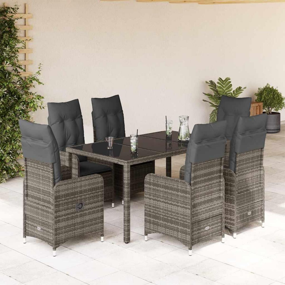 VIDAXL Ensemble de bistro de jardin 7 pcs coussins gris poly rotin