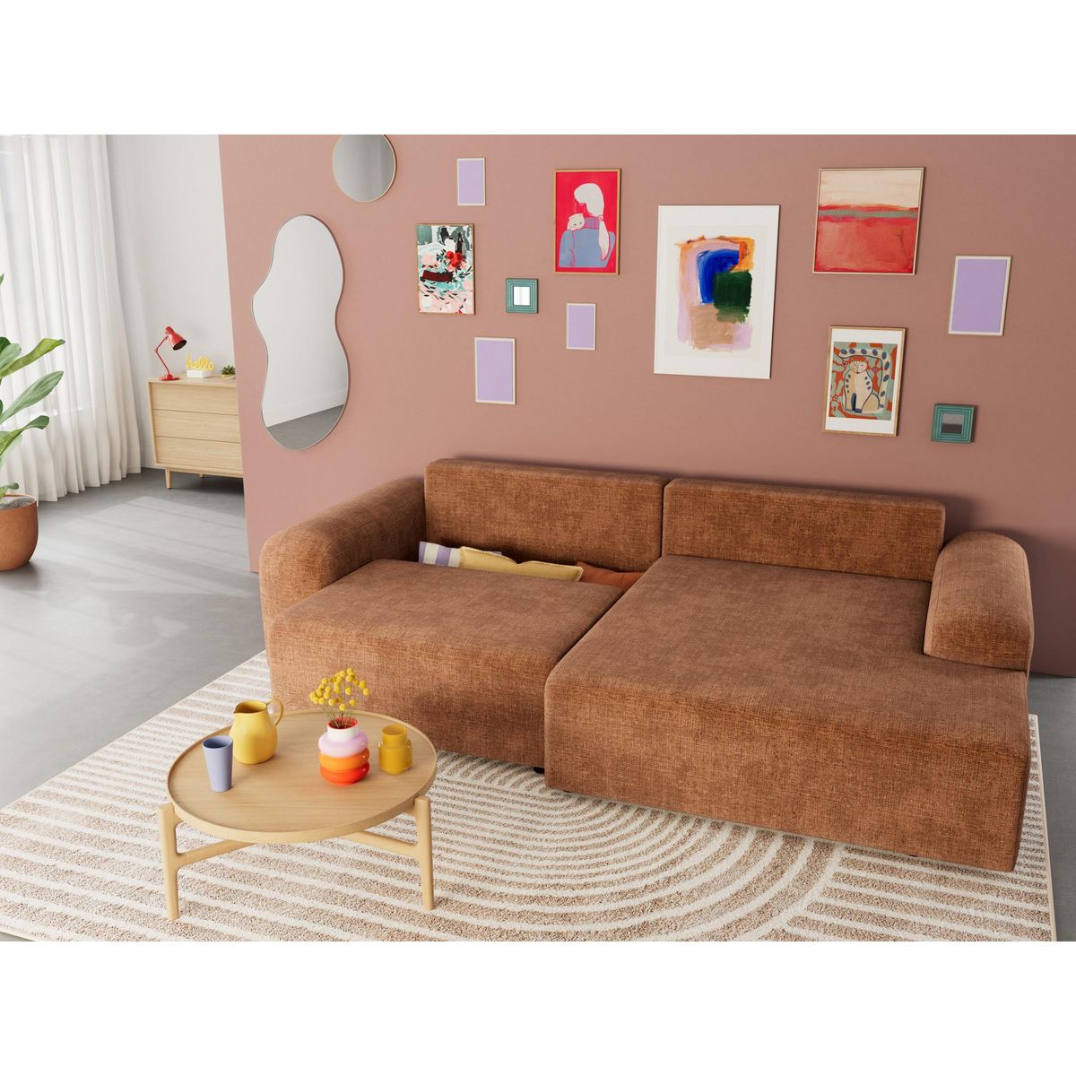 BEST MOBILIER Rebecca - canapé d'angle droit 4 places convertible avec coffre en velours texturé