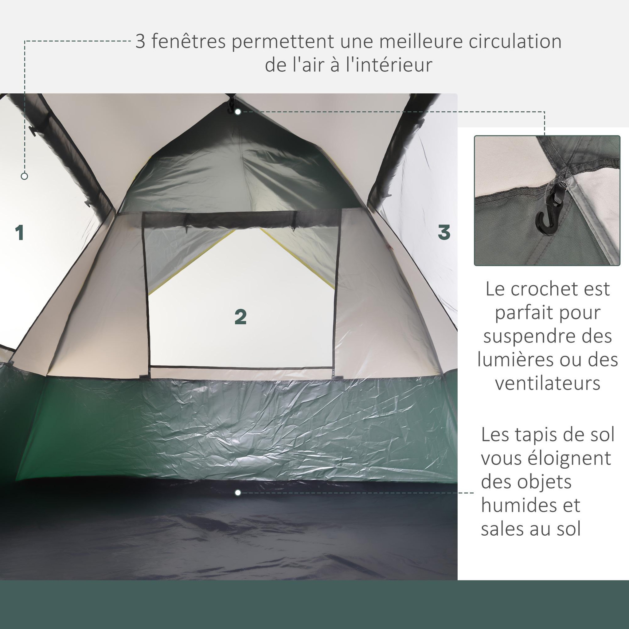 Voir la diapositive 6 : OUTSUNNY Tente de camping pop up 3 personnes porte 3 fenêtres sac de transport inclus fibre verre polyester pe jaune gris vert