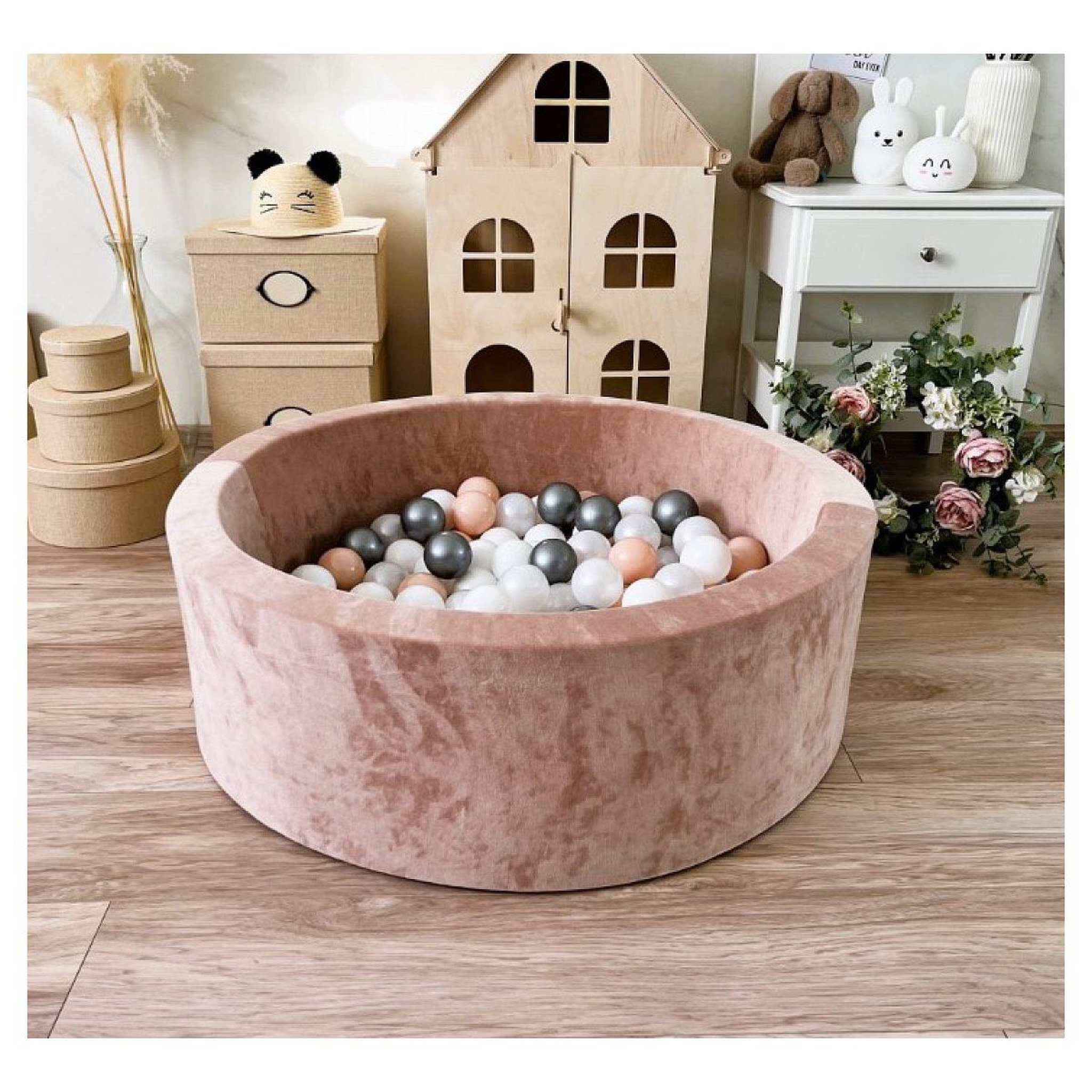 Voir la diapositive 2 : MONIO FOR KIDS Piscine à balles en velours 90 cm beige + 200 balles