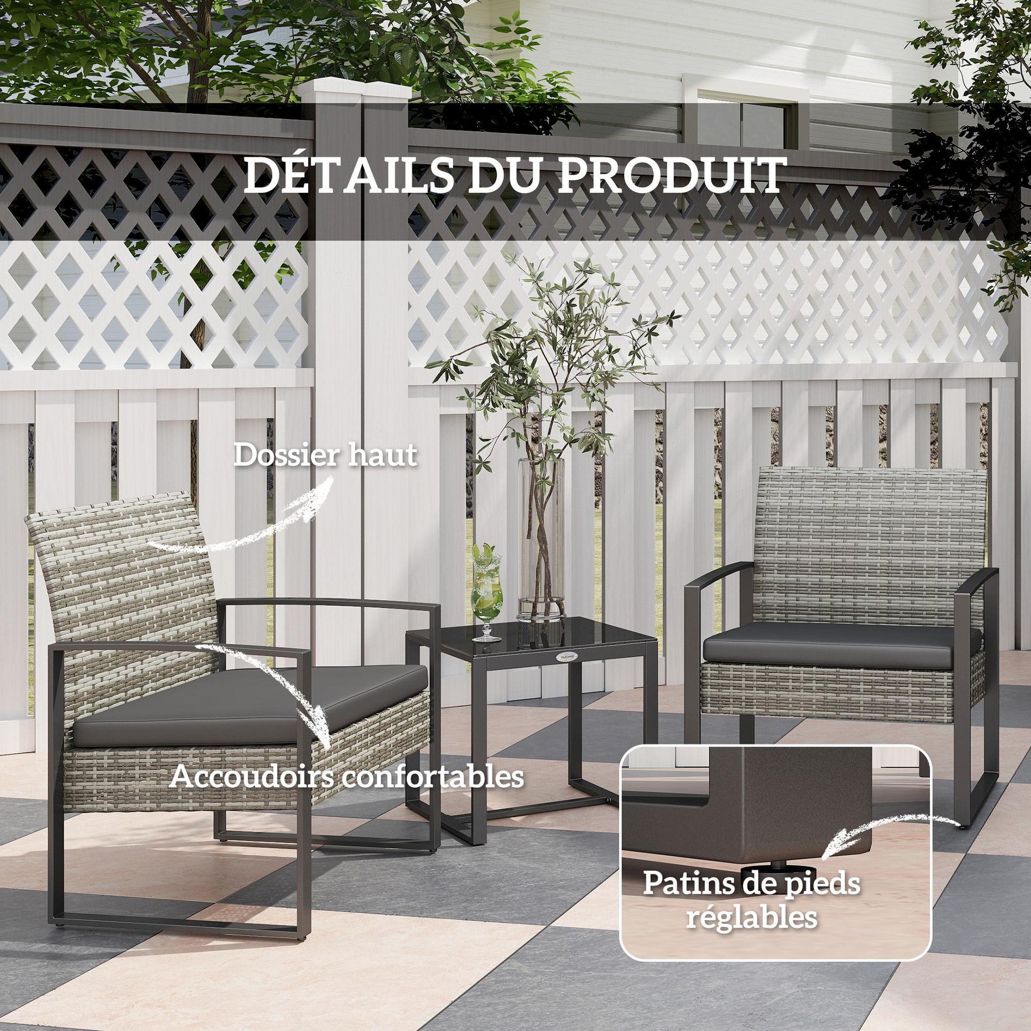 Voir la diapositive 5 : OUTSUNNY Salon de jardin 2 places 3 pièces 2 chaises avec coussins + table basse plateau verre trempé résine tressée aspect rotin gris