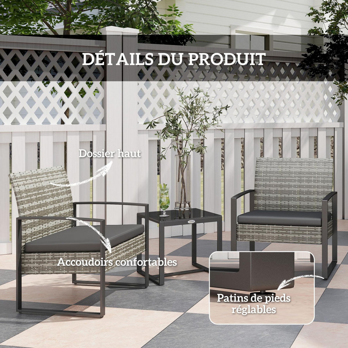 OUTSUNNY Salon de jardin 2 places 3 pièces 2 chaises avec coussins + table basse plateau verre trempé résine tressée aspect rotin gris