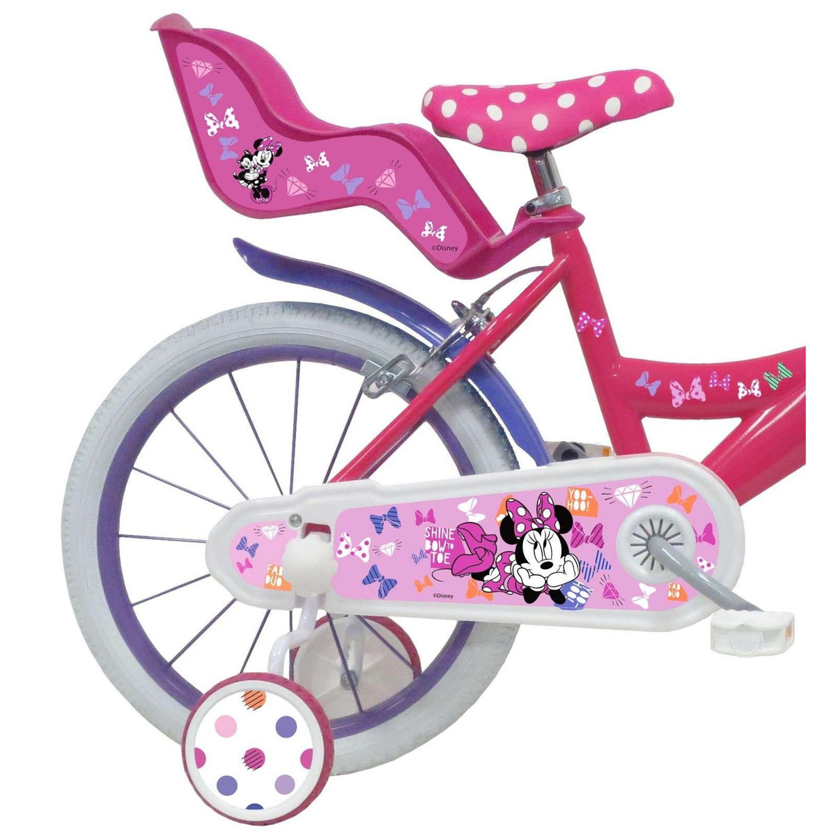 Disney Minnie Vélo enfant - Modèle 16'' Minnie de Disney + Casque pour enfant de 105/120 cm avec stabilisateurs - Panier avant - Porte poupée arrière - 2 freins et pneus gonflables
