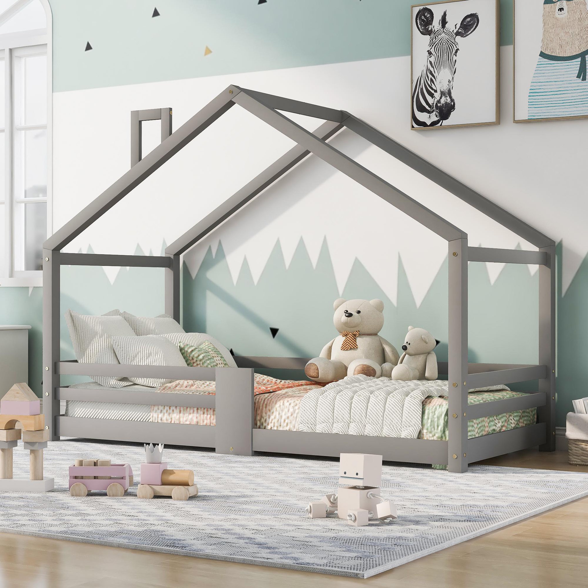 Voir la diapositive 2 : MERAX Lit cabane enfant 90 x 200 cm avec sommier