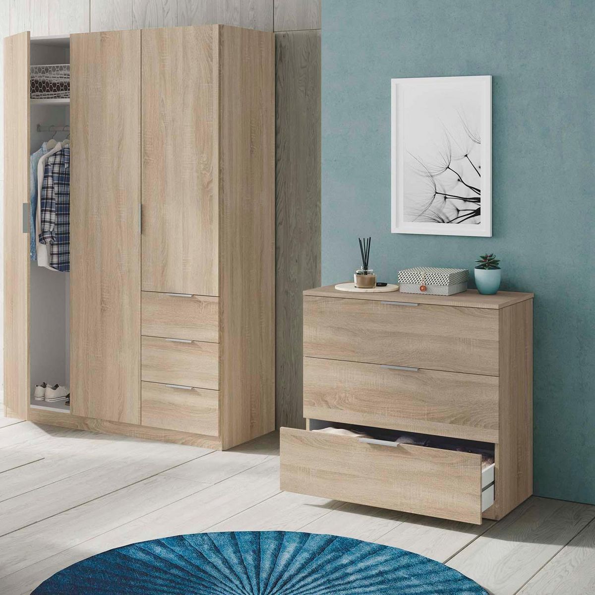 VS VENTA-STOCK Commode de niut Santi 3 tiroirs couleur chêne, 77 cm largeur