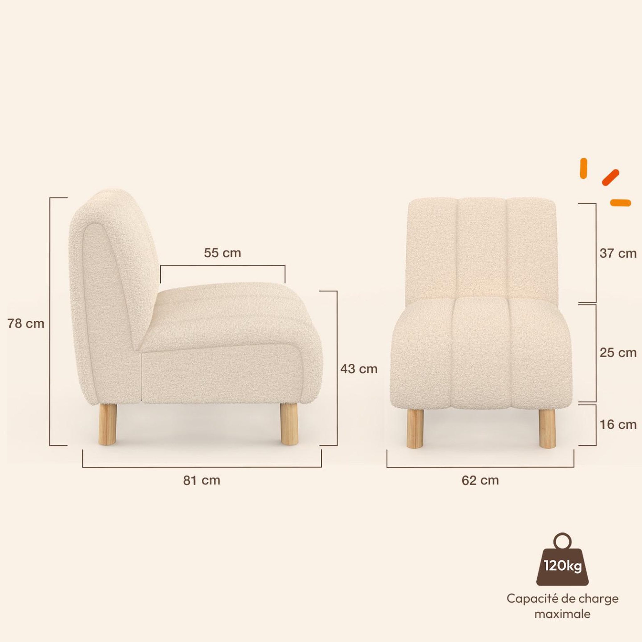 Voir la diapositive 5 : ID MARKET Fauteuil HECTOR tissu bouclette beige et pieds arrondis effet bois