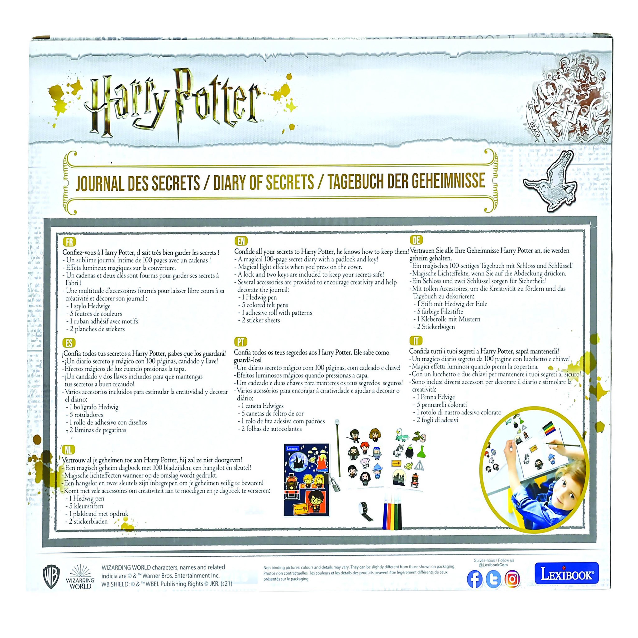 Voir la diapositive 5 : Lexibook Journal Intime Electronique Harry Potter avec effets lumineux et accessoires (stickers, stylo en forme de baguette magique, feutres, ruban adhésif)