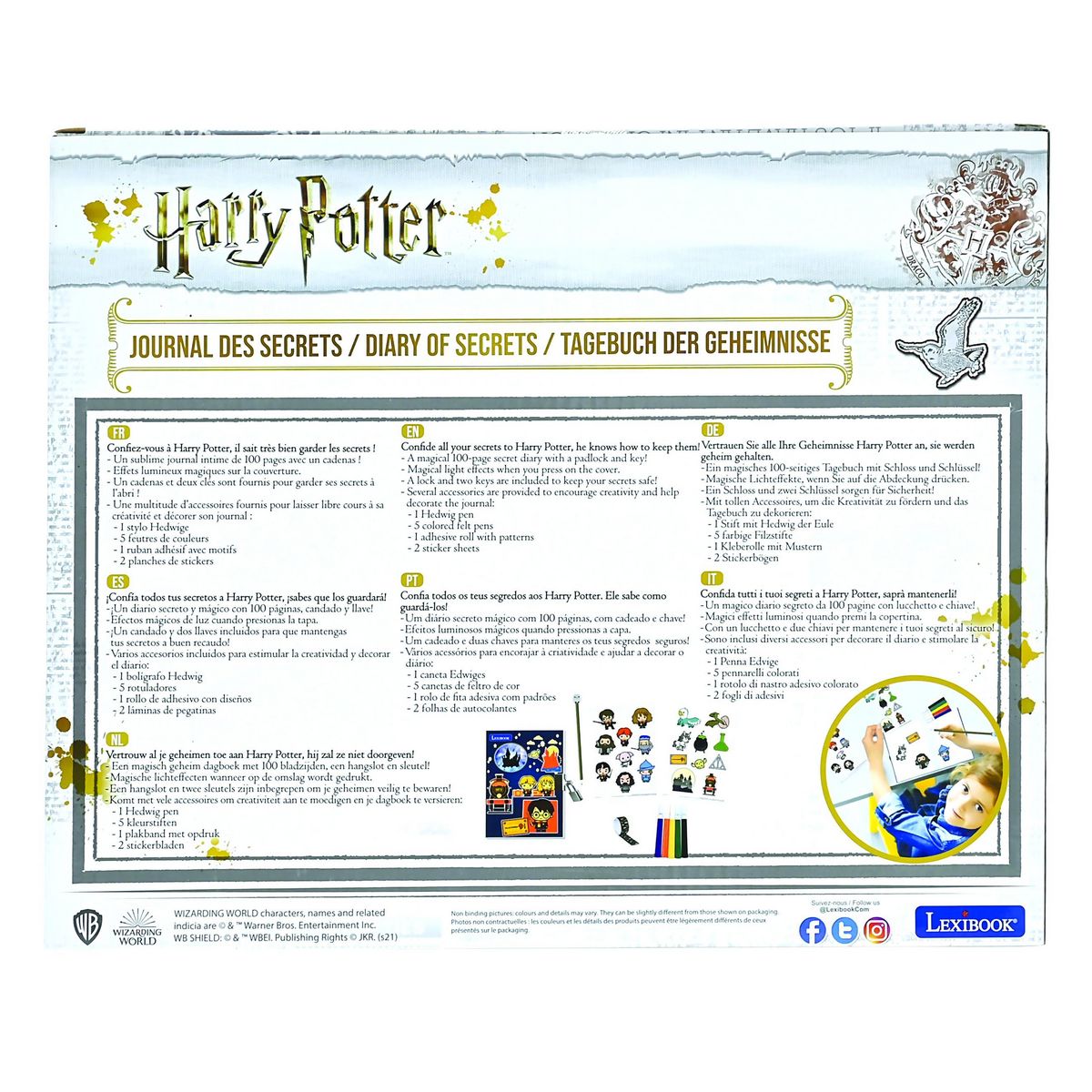 Lexibook Journal Intime Electronique Harry Potter avec effets lumineux et accessoires (stickers, stylo en forme de baguette magique, feutres, ruban adhésif)
