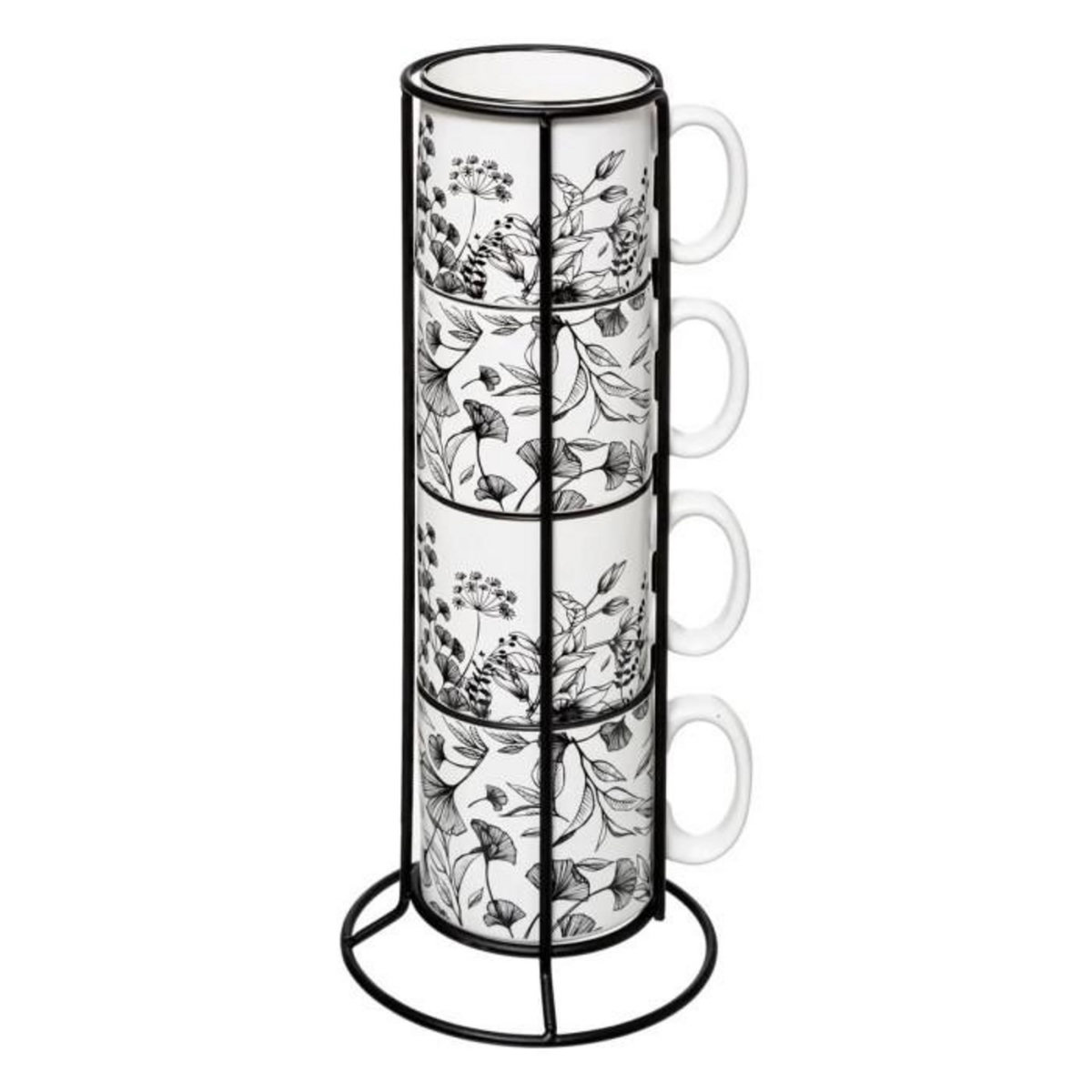 SECRET DE GOURMET Lot de 4 Mugs sur Rack  White Floral  24cl Blanc