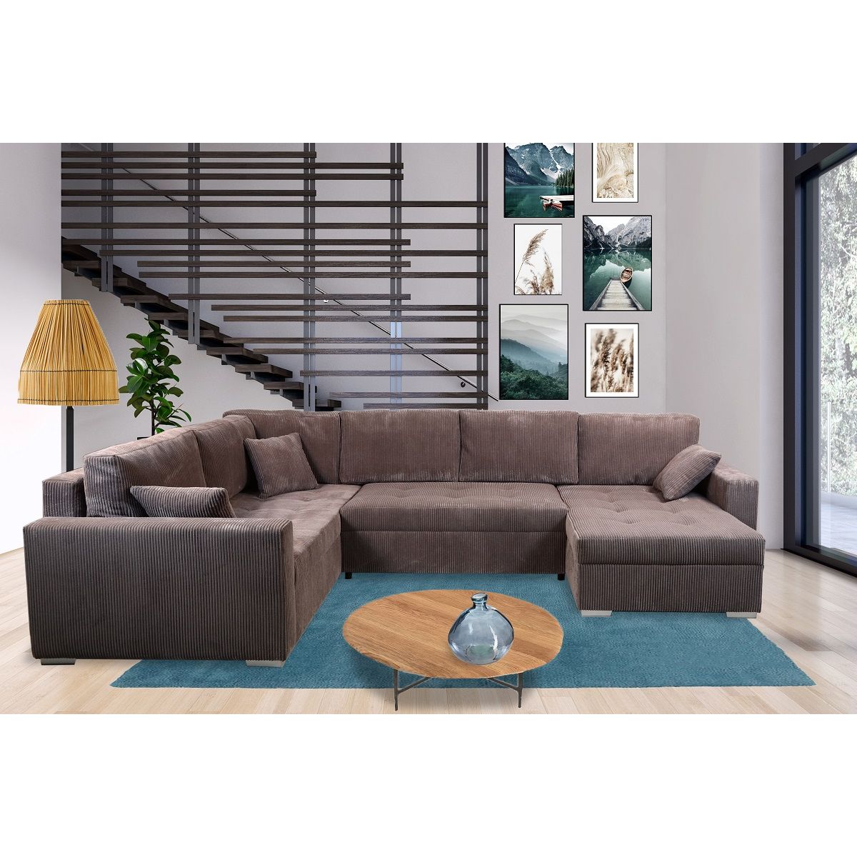 Canapé d'angle convertible panoramique 5 places tissu velours avec coffre MAGNUS