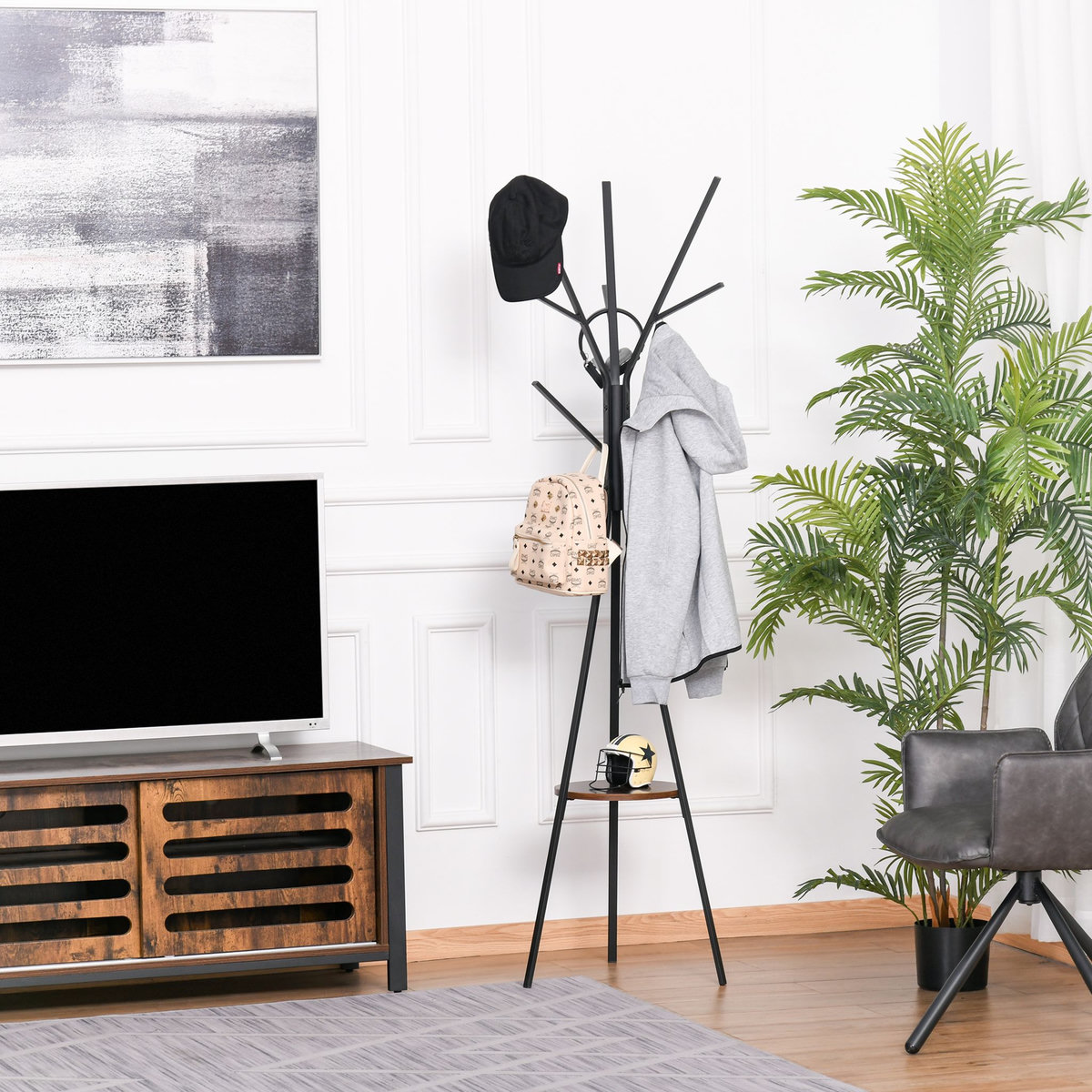 HOMCOM HOMCOM Porte-manteau trépied design contemporain branches étagère + 9 patères dim. 45L x 45l x 180H cm métal marron