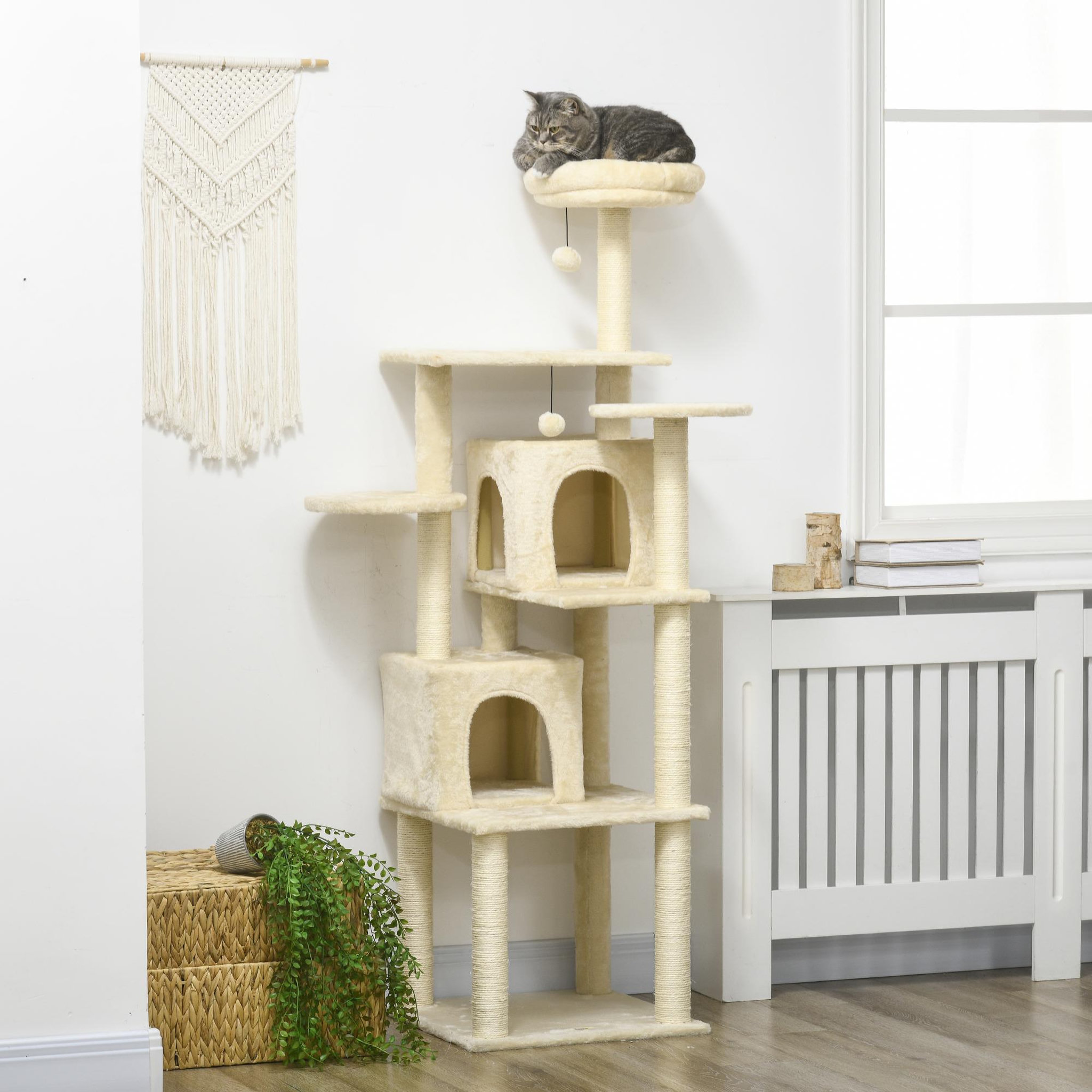 Voir la diapositive 4 : PAWHUT Arbre à chat modulable - griffoirs, 2 niches, 4 plateformes, 2 boules suspendues - peluche douce beige