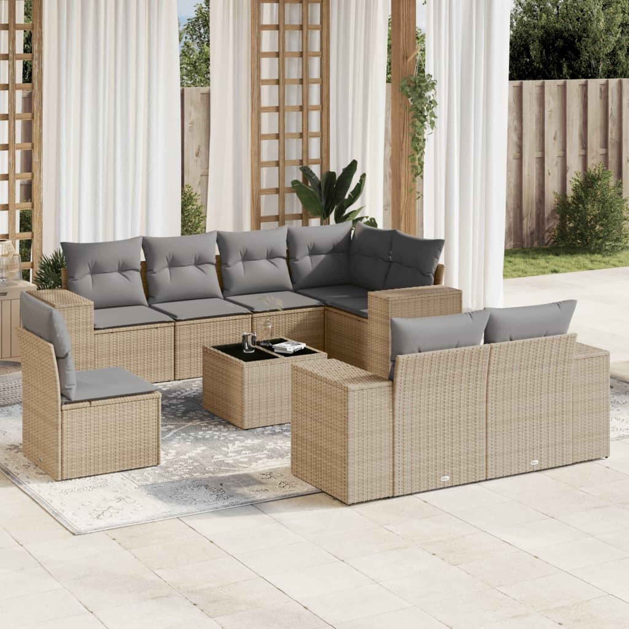 VIDAXL Salon de jardin avec coussins 9 pcs beige resine tressee