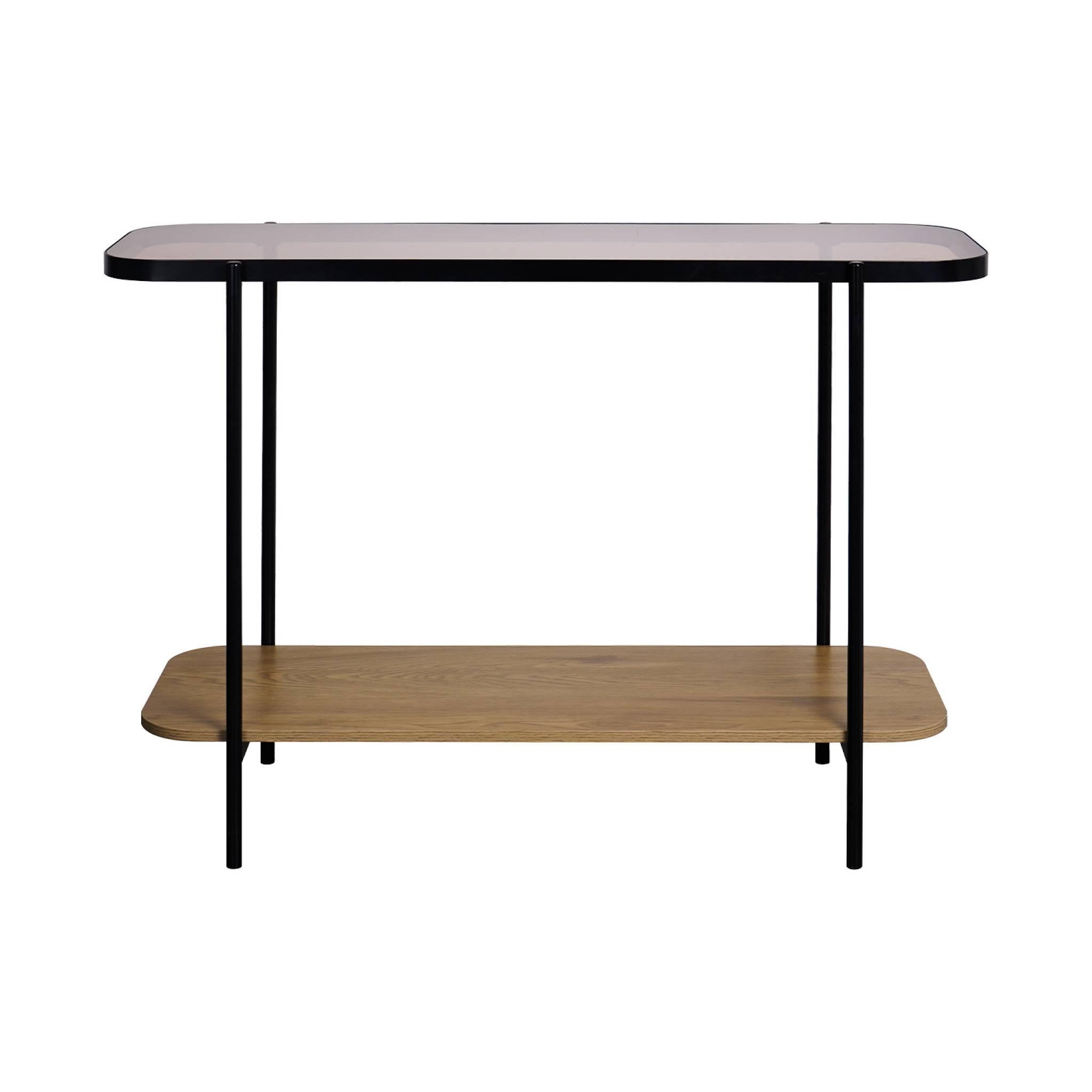 Voir la diapositive 4 : SWEEEK Console vintage en métal noir avec 2 plateaux (verre et décor bois). bords arrondis