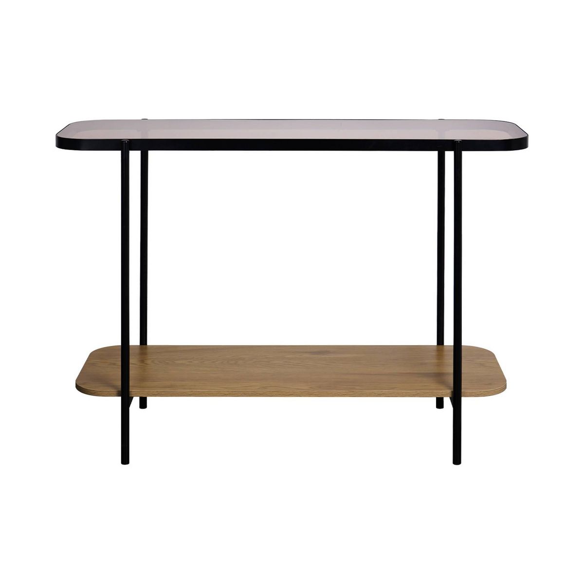 SWEEEK Console vintage en métal noir avec 2 plateaux (verre et décor bois). bords arrondis