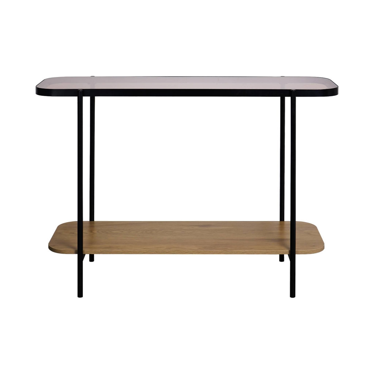 SWEEEK Console vintage en métal noir avec 2 plateaux (verre et décor bois). bords arrondis