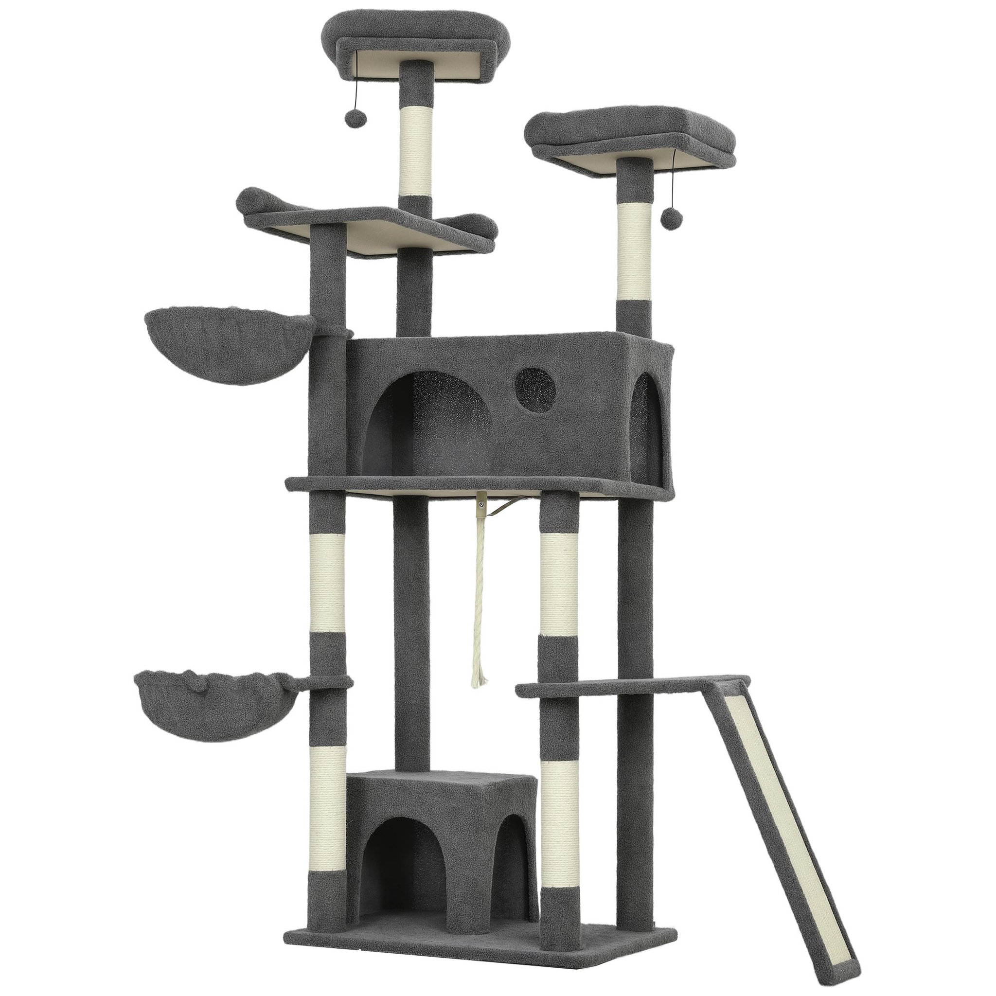 PAWHUT Arbre à chat grande taille h.174cm plateformes hamacs jouets griffoirs grattoirs peluche gris