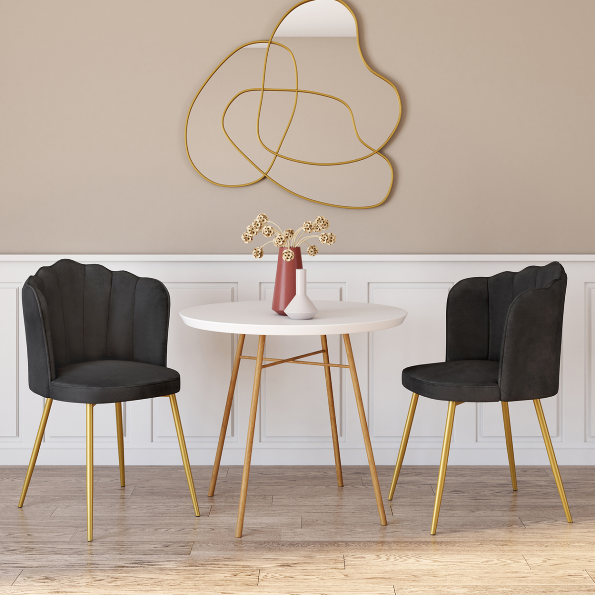 ID MARKET Lot de 2 chaises coquillage ADELLA gris en velours pieds dorés