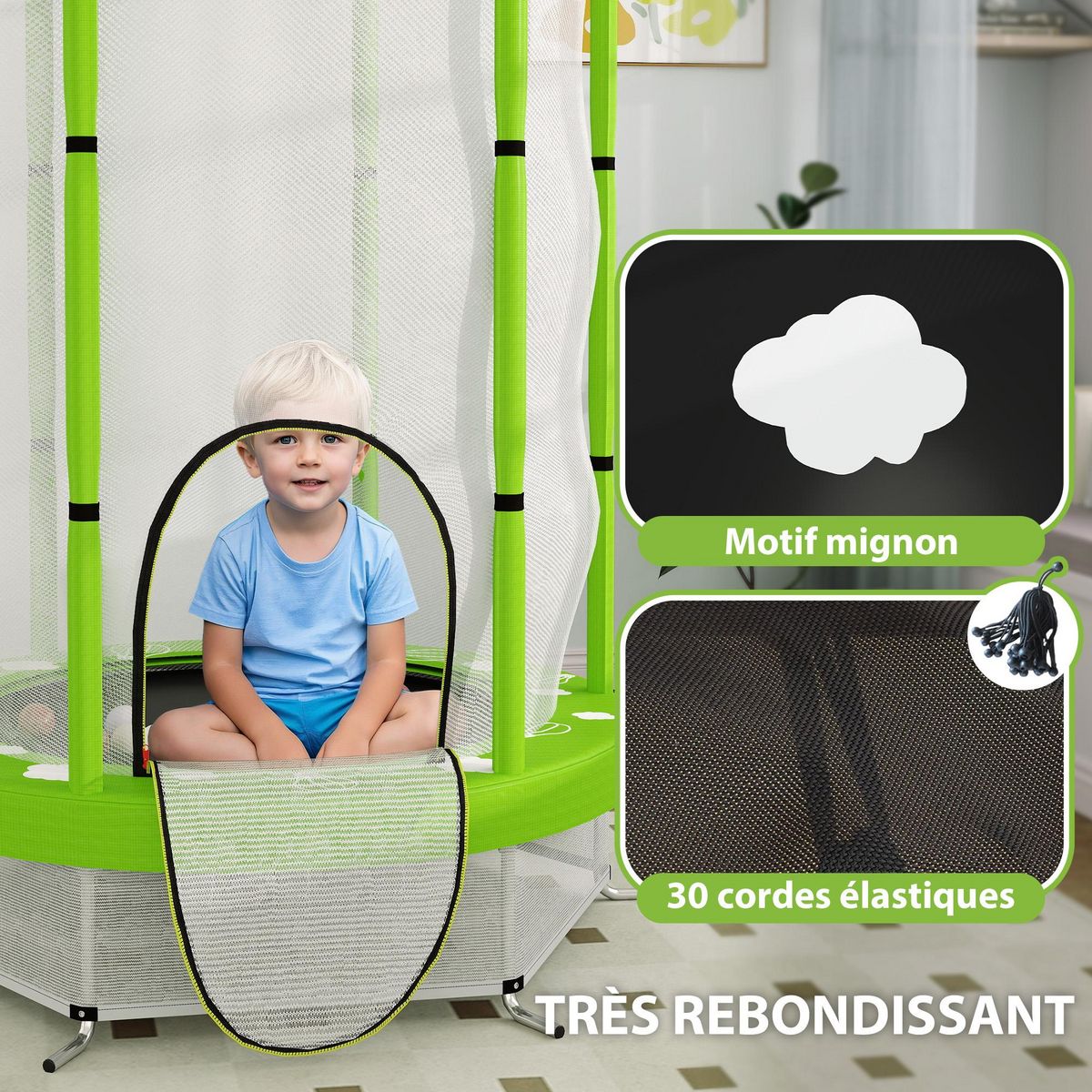 HOMCOM Trampoline enfant Ø140 cm max. 45 Kg - filet sécurité, porte zippée, 6 poteaux rembourrés - vert pomme