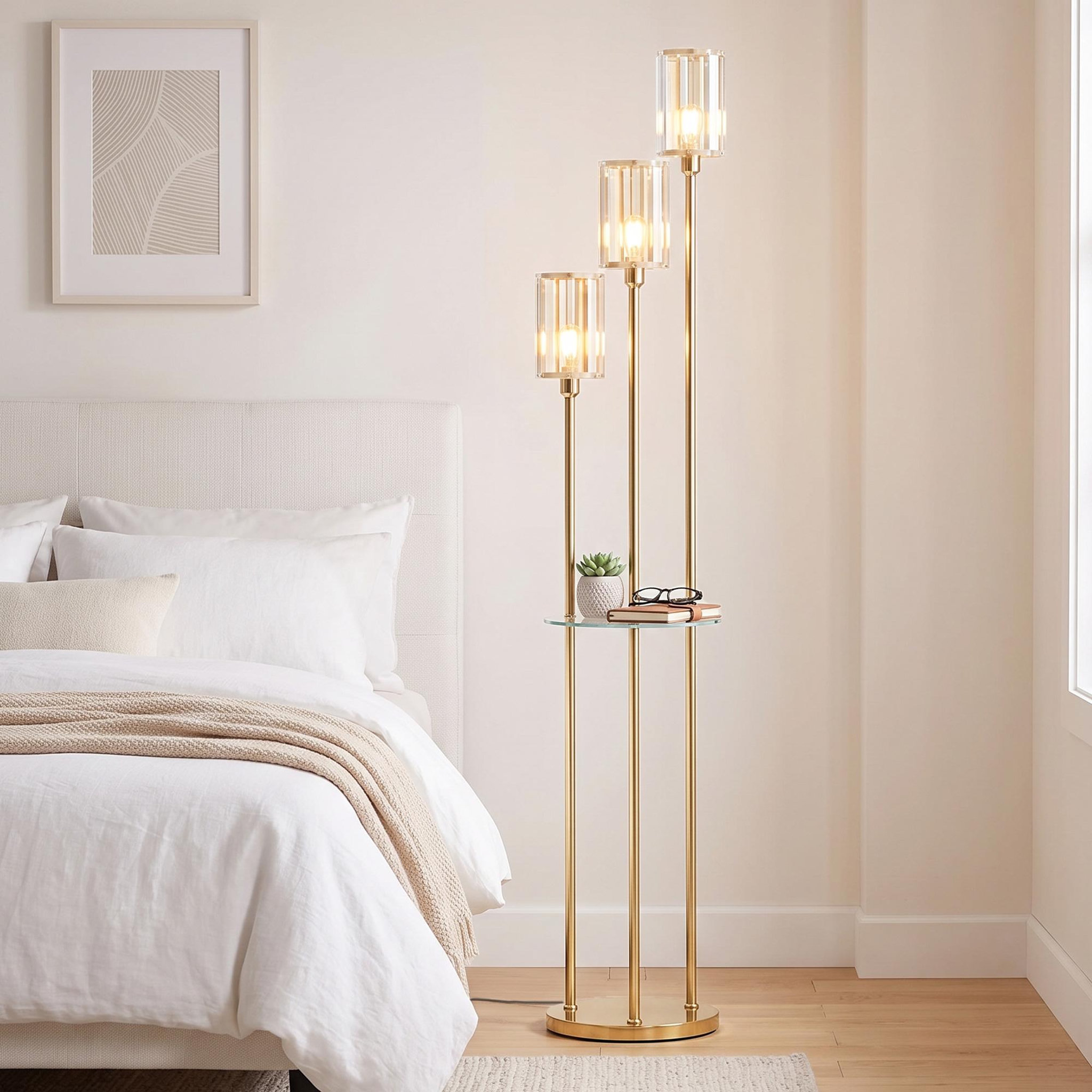 Voir la diapositive 5 : HOMCOM Lampadaire étagère style Art déco 3 abat-jours lanternes métal doré verre