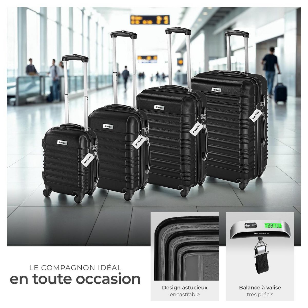 tectake Set de valises rigides 4 pièces en plastique ABS robuste, pèse-bagages et une étiquette de valise incluses noir