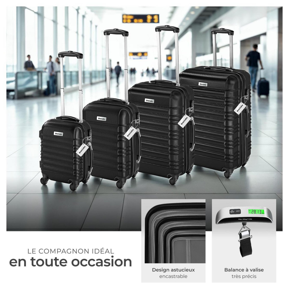 tectake Set de valises rigides 4 pièces en plastique ABS robuste, pèse-bagages et une étiquette de valise incluses noir