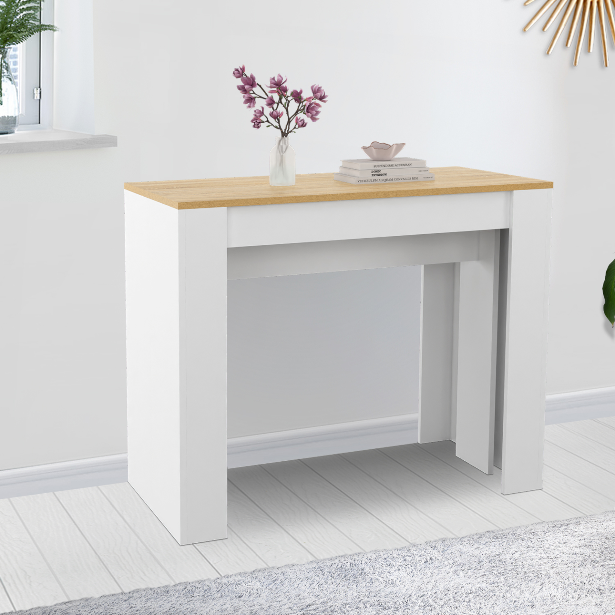 Voir la diapositive 3 : ID MARKET Table console extensible orlando 14 personnes 300 cm blanc et façon hêtre