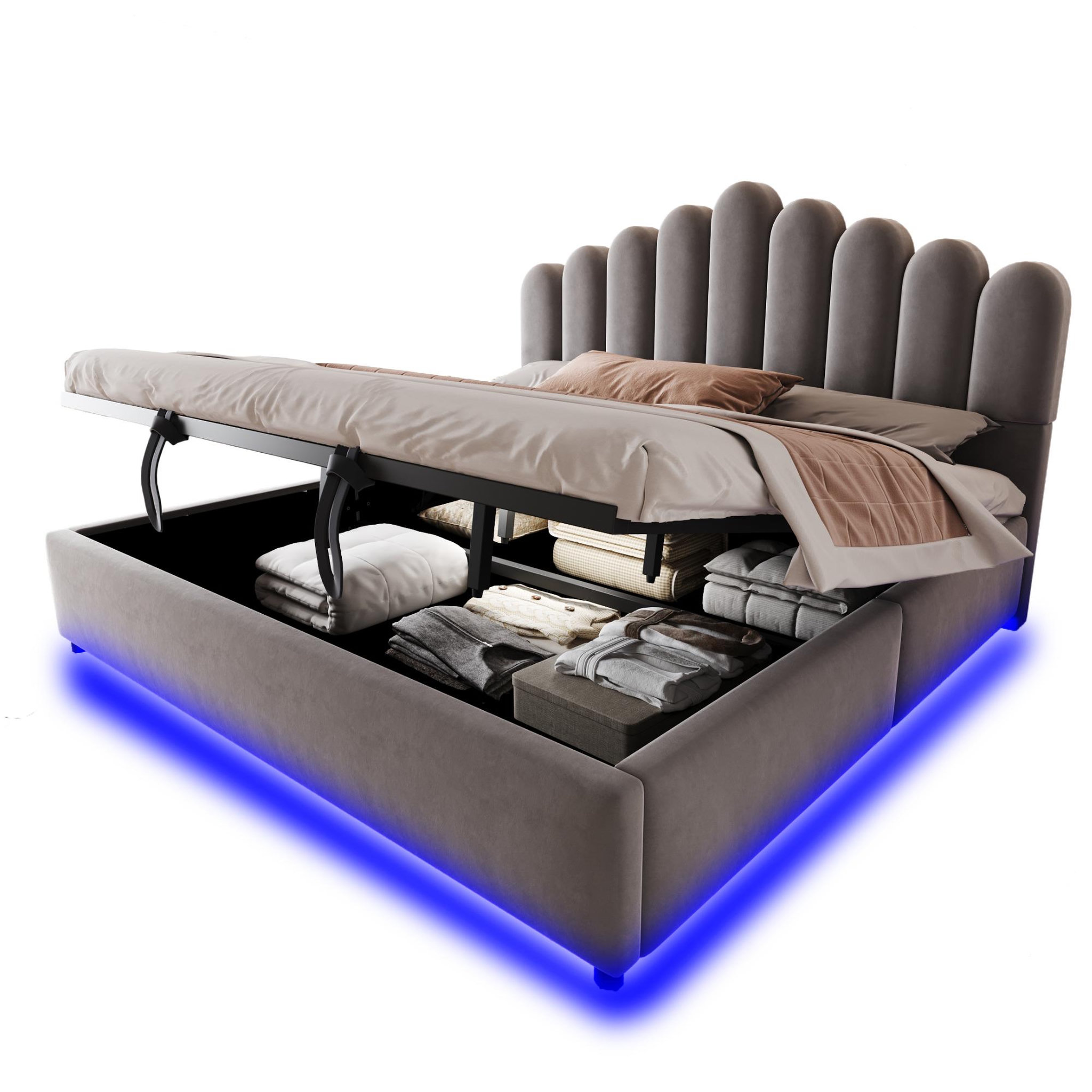 Voir la diapositive 1 : MERAX Lit coffre velours avec led, tête de lit capitonnée et sommier à lattes