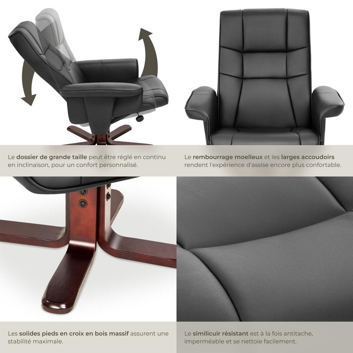 tectake Fauteuil relax avec pied en croix avec repose-pieds noir/marron