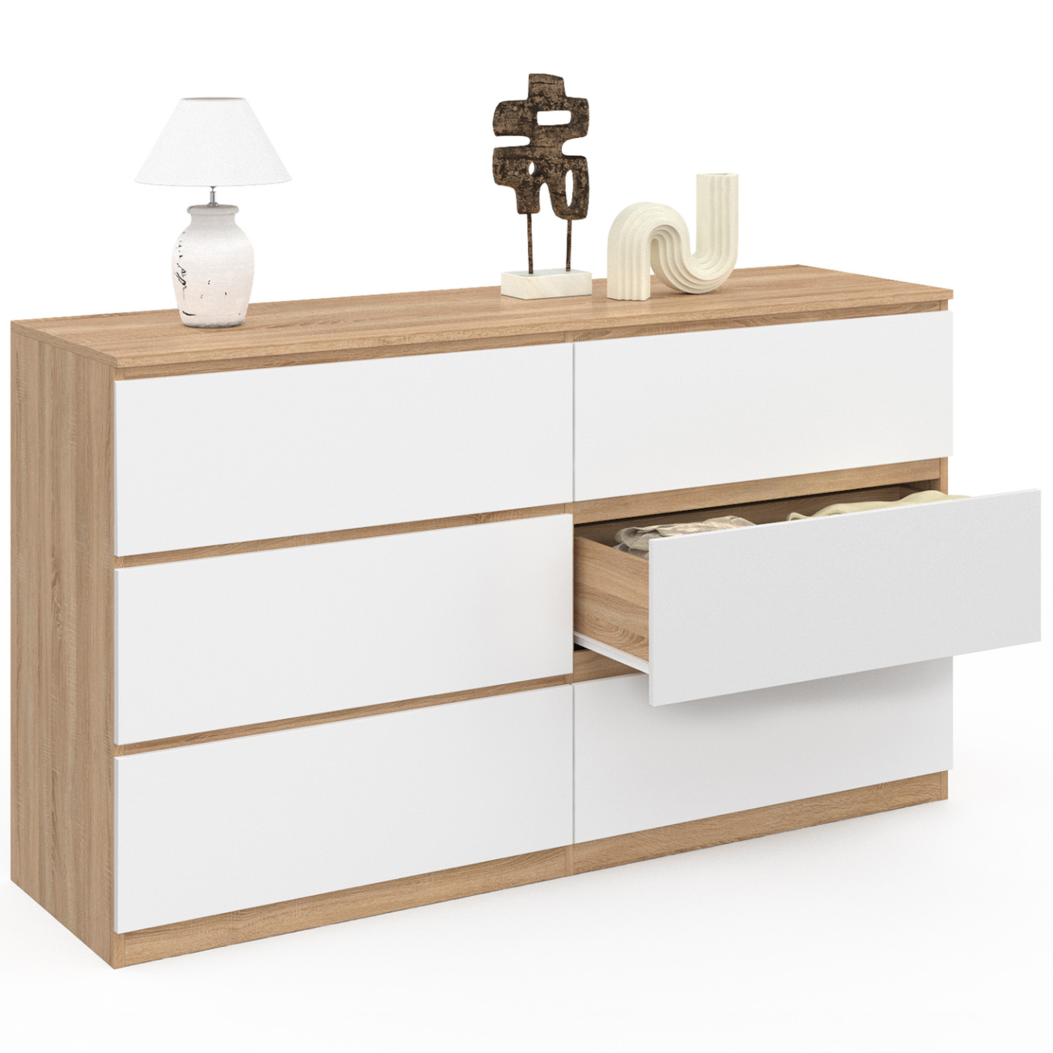 Voir la diapositive 4 : ID MARKET Commode 6 tiroirs tomi xxl 140 cm bois façon hêtre et blanc