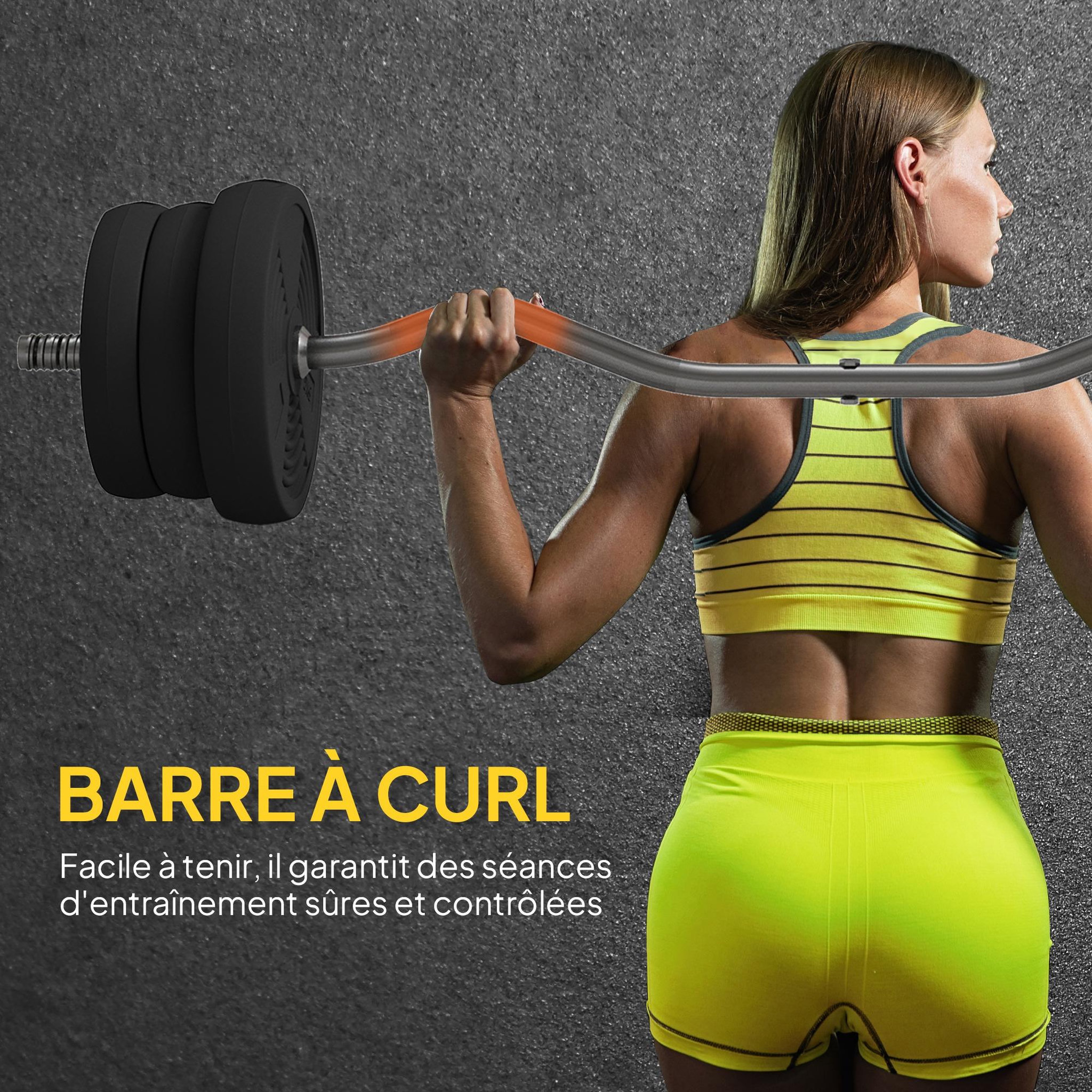 Voir la diapositive 4 : HOMCOM Ensemble d'haltères 25 kg total, barre d'haltère avec disques de poids 5 kg et 2,5 kg, barre longue, avec poignée antidérapante, exercices de fitness entraînement à la maison et gym, noir