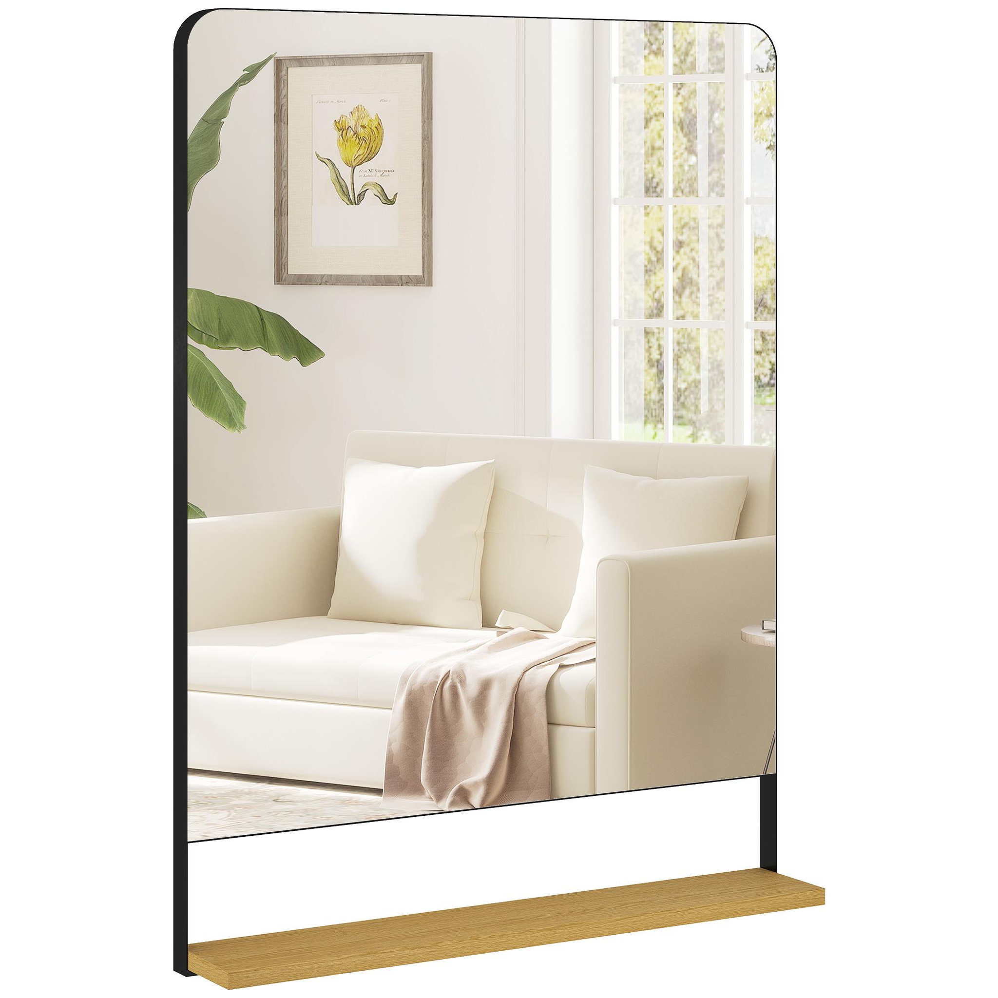 Voir la diapositive 5 : HOMCOM Miroir mural 80 x 60 cm avec étagère bois cadre en métal noir