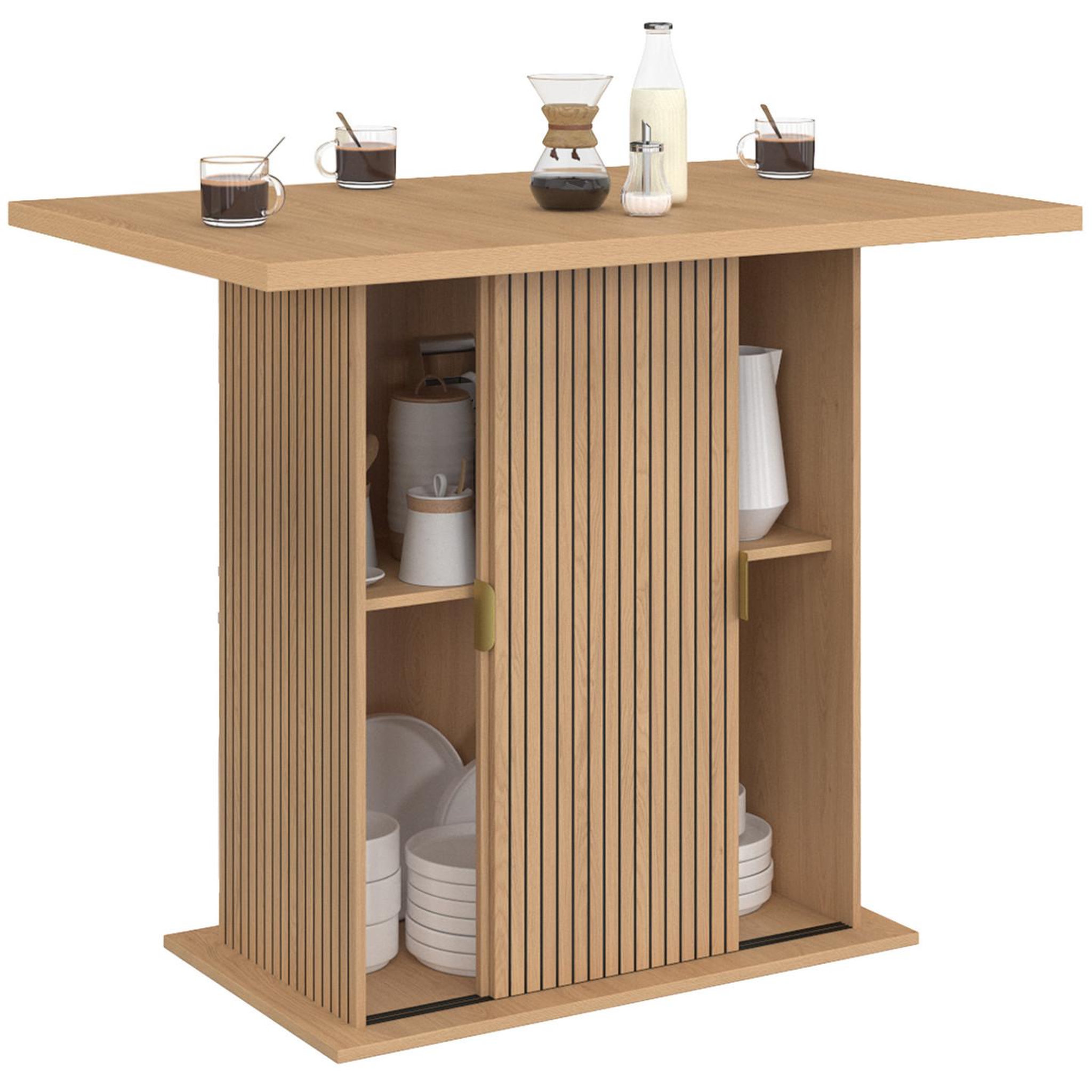 Voir la diapositive 4 : ID MARKET Ilot central 4 personnes juliette 110 cm pied central avec rangement effet lattes tasseau de bois