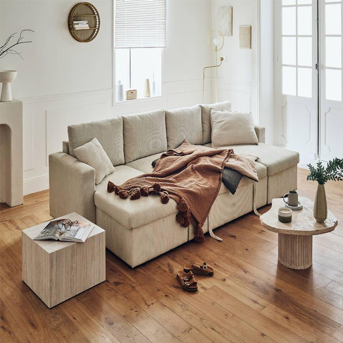 BEST MOBILIER Cyrus - canapé panoramique en u - 7 places - convertible avec coffre - en velours côtelé