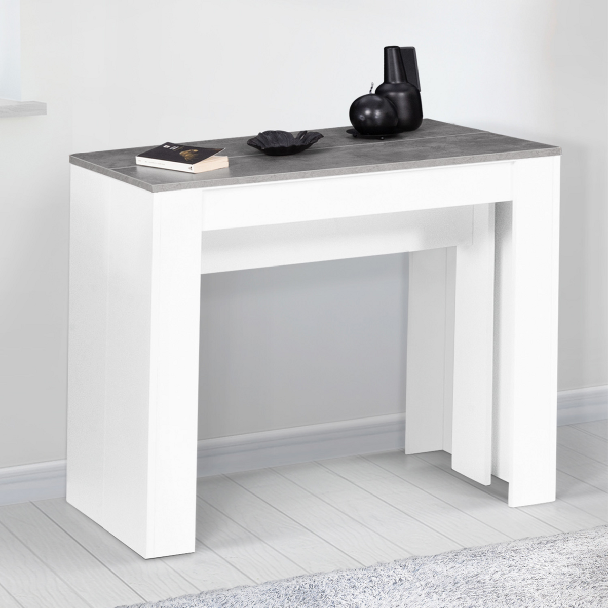 ID MARKET Table console extensible ORLANDO 10 personnes 235 cm bois blanc et effet  béton