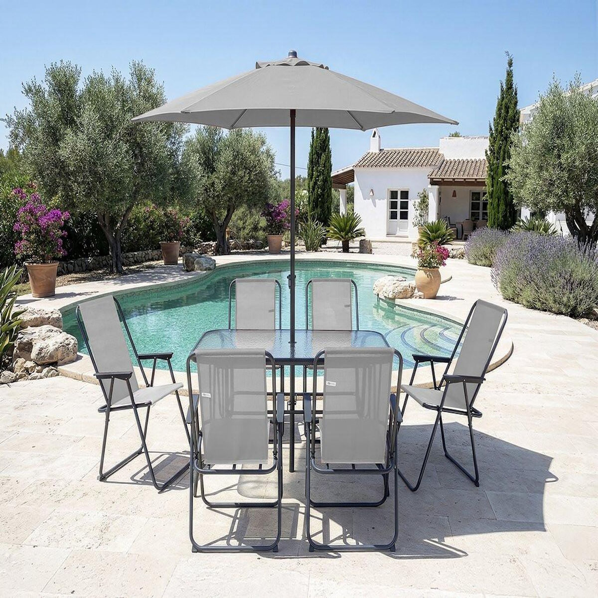 Habitat et Jardin Salon de jardin repas avec parasol en métal  Convivia  - 6 places - Gris clair