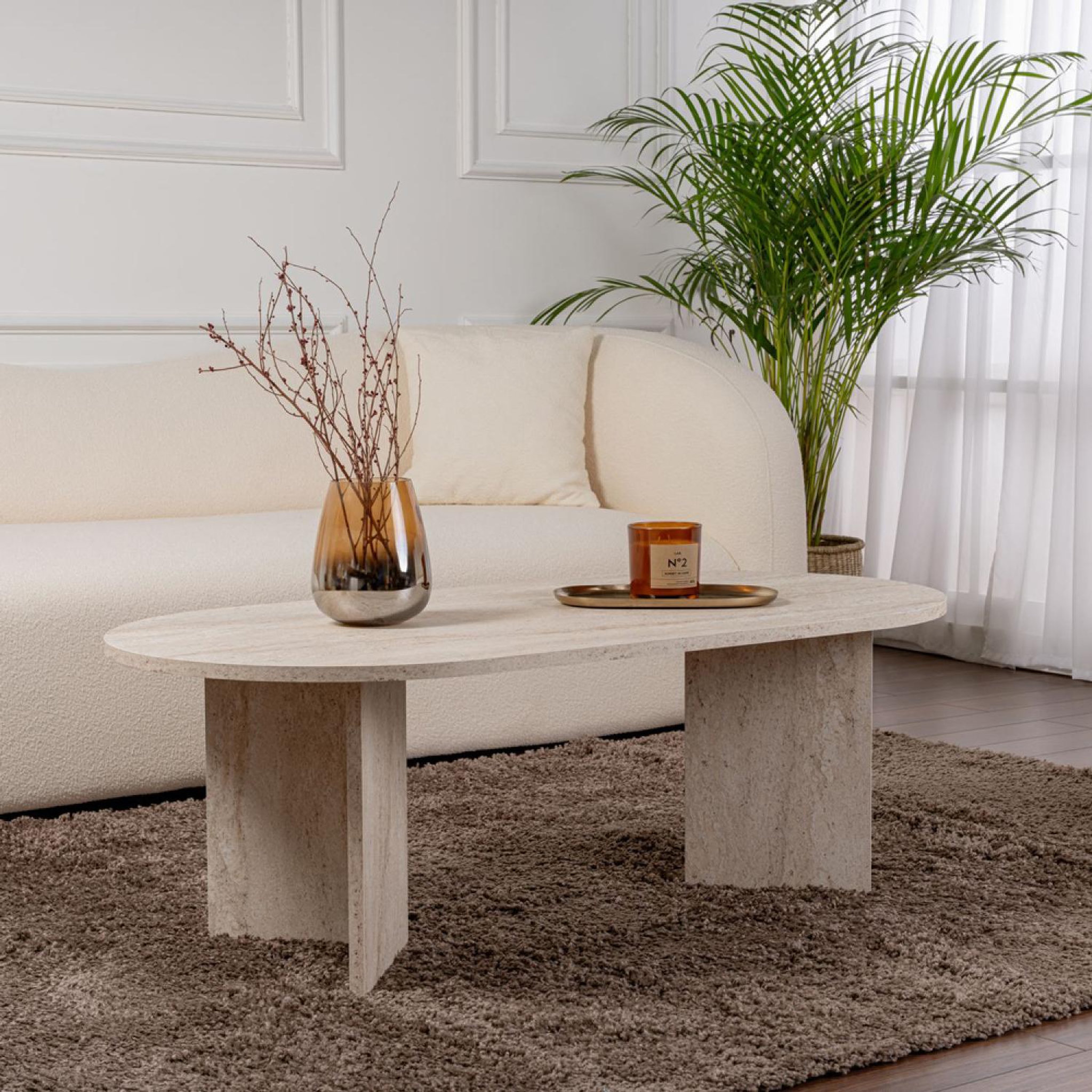 Voir la diapositive 2 : CONCEPT USINE Table basse ovale effet travertin 119x60cm lyu