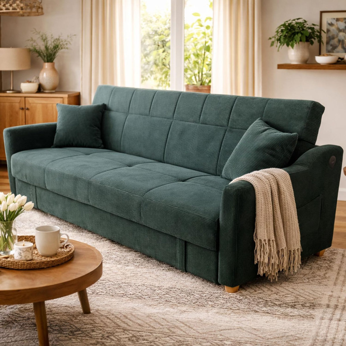 CONCEPT USINE Canapé convertible avec coffre en velours côtelé vert 3 places ADARE