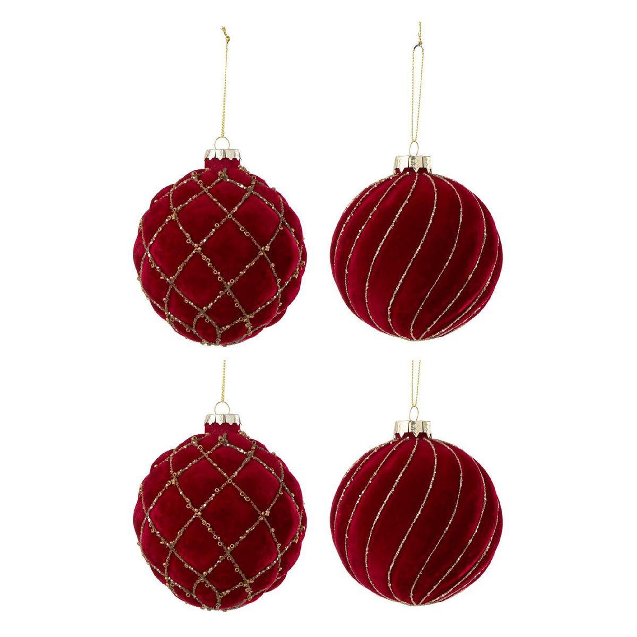 J-LINE Lot de 4 boules de noël velours  caro  10cm rouge & or
