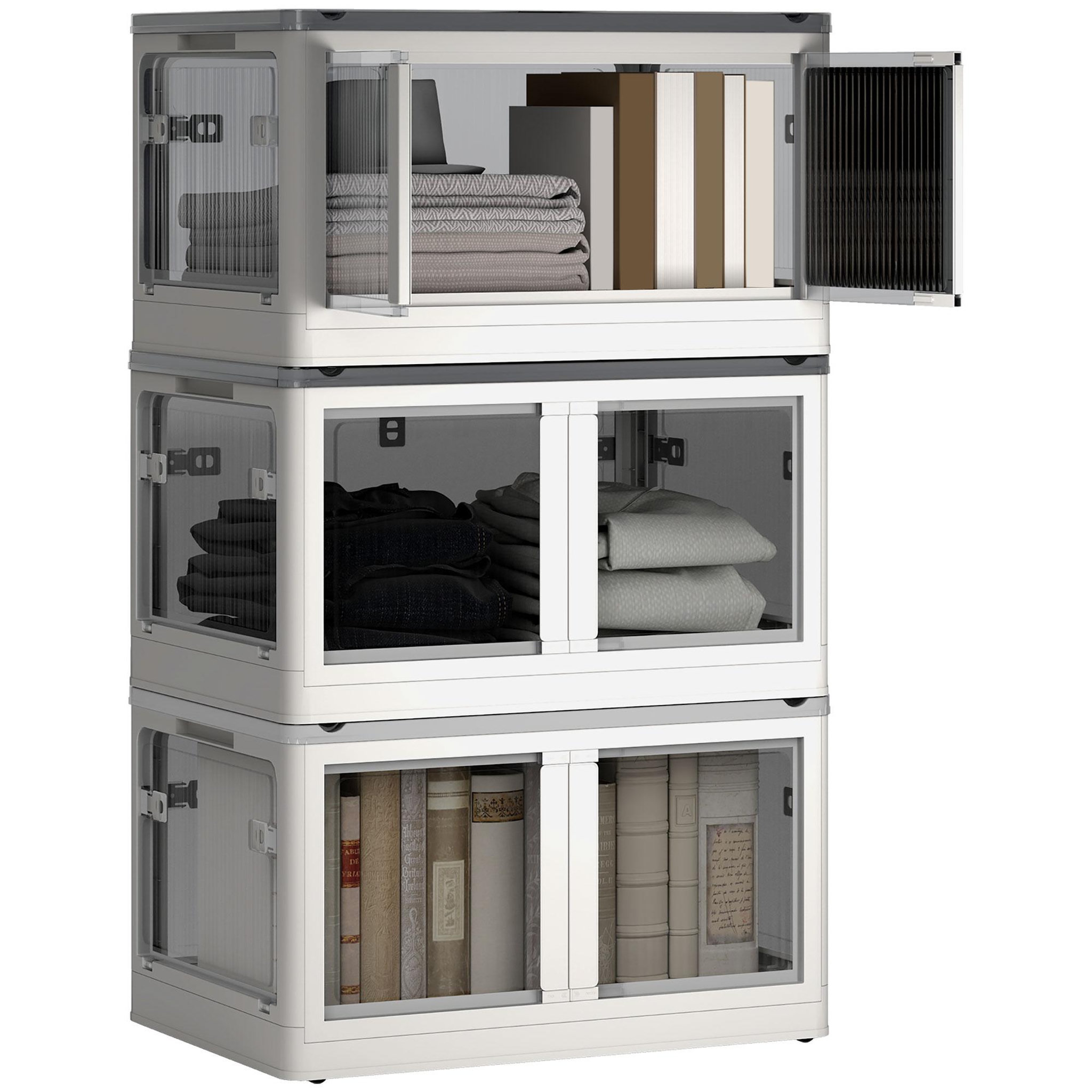 HOMCOM Ensemble de 3 boîtes de rangement 69L pliables empilables - couvercle, roulettes - blanc gris