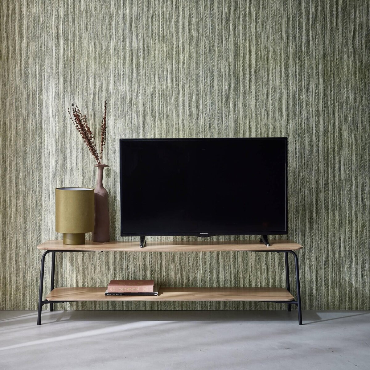 SWEEEK Meuble TV en décor bois et structure acier 150cm 2 étagères
