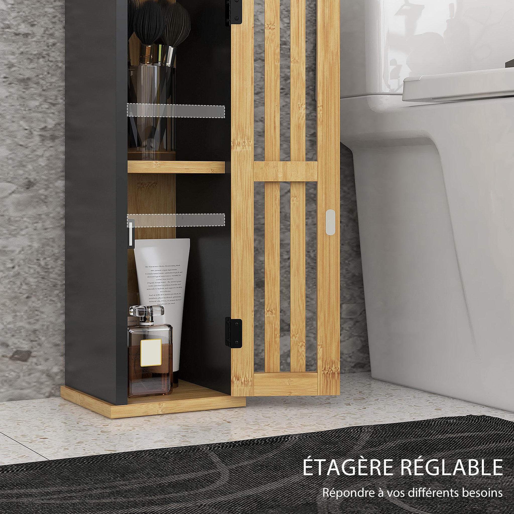 Voir la diapositive 5 : HOMCOM Meuble wc avec support papier toilette - porte, étagère - mdf noir bambou verni