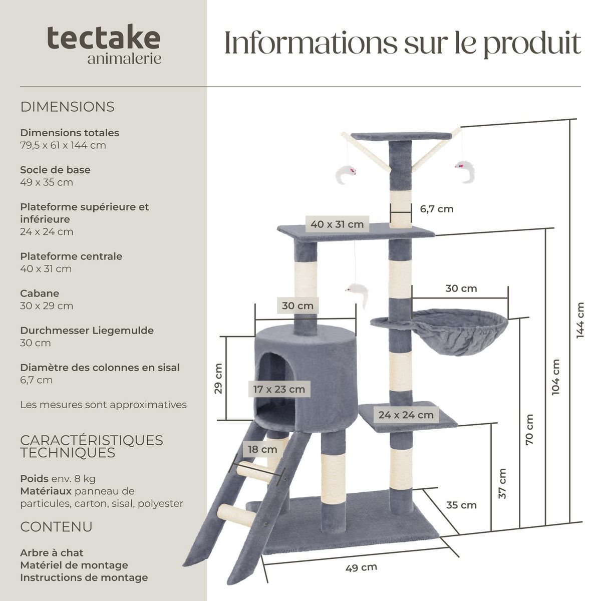 tectake Arbre à chat 144 cm avec griffoir et plateforme d'escalade gris