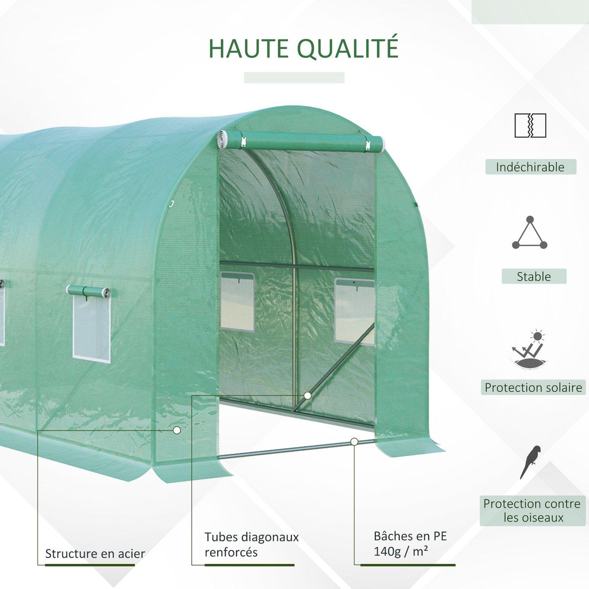 Voir la diapositive 4 : OUTSUNNY Serre de jardin tunnel 8 m² 4l x 2l x 1,9h m acier galvanisé renforcé diamètre 2,4 cm + pe haute densité fenêtres porte vert
