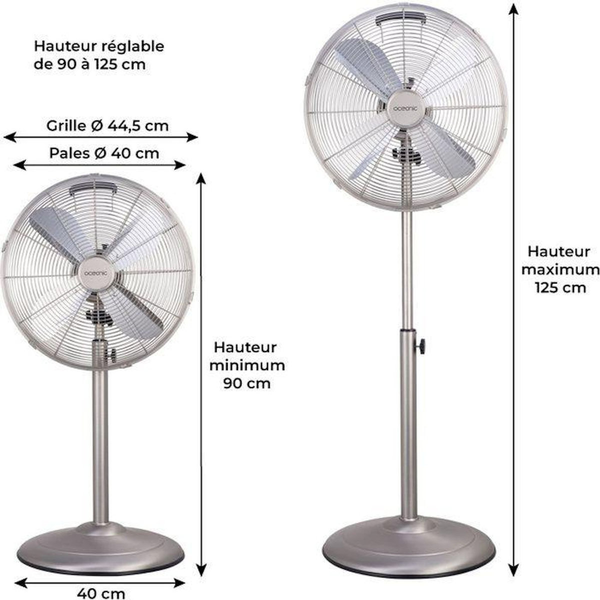 OCEANIC Ventilateur sur pied 40 cm OCEANIC - 3 vitesses - Puissance 50 W - Hauteur réglable 90 a 125 cm - Pales en aluminium - Métal b