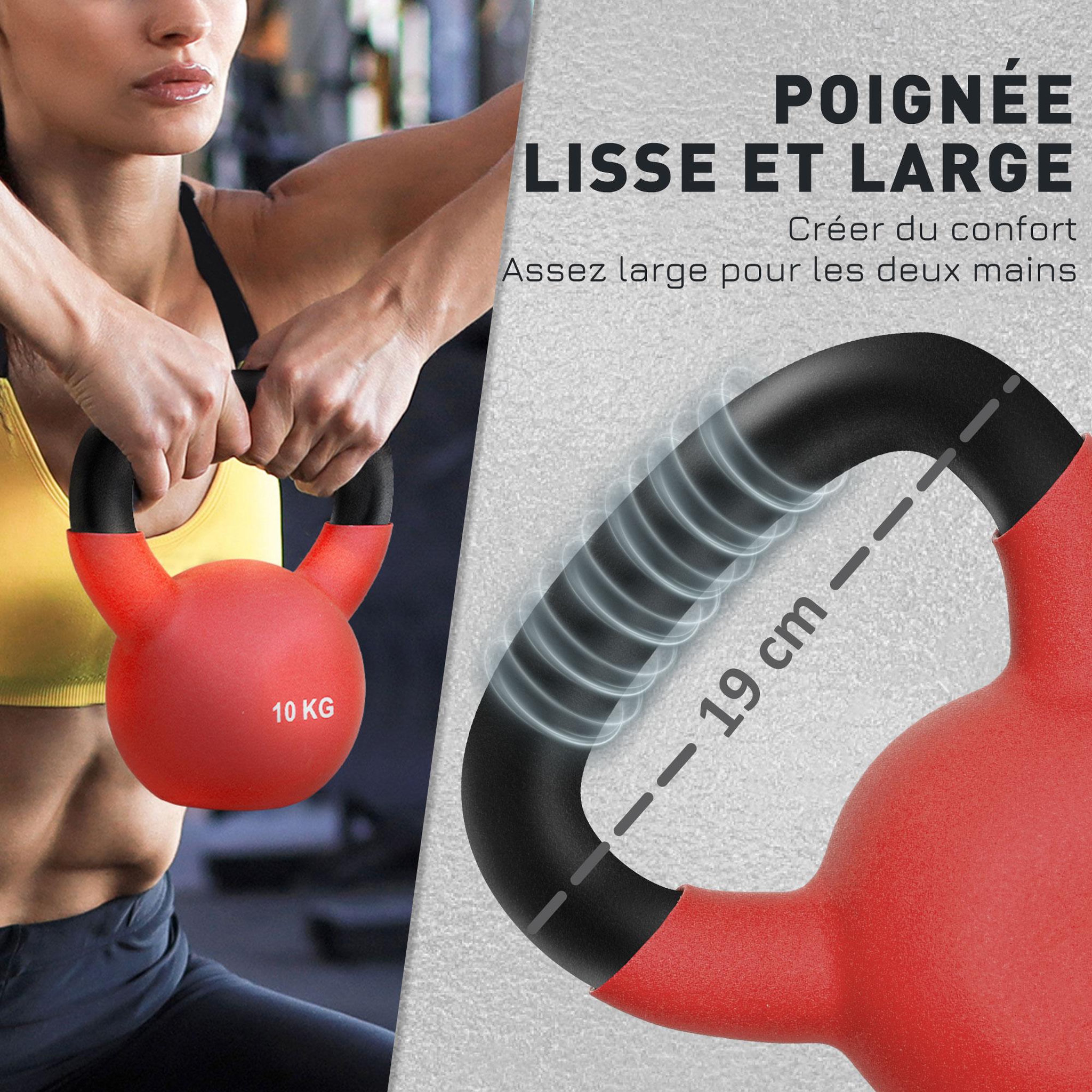 Voir la diapositive 4 : HOMCOM Kettlebell 10 kg en métal large poignée antidérapante fond plat rouge noir