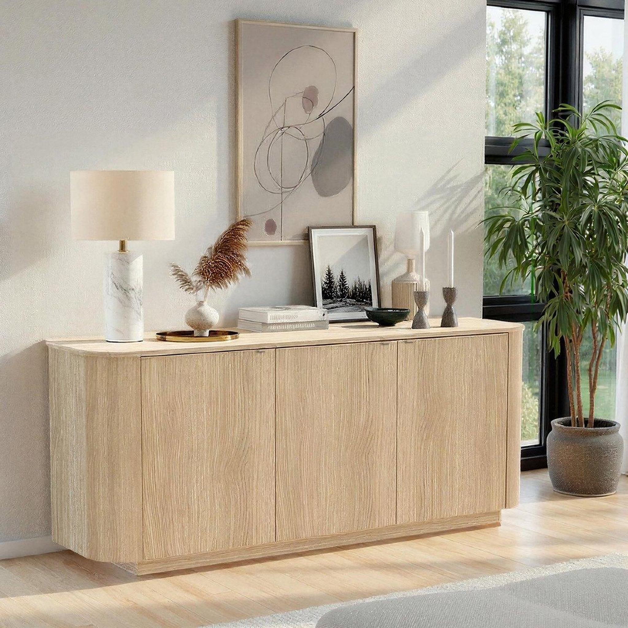 Voir la diapositive 2 : JLC KREATION Buffet bas contemporain 3 portes coloris chêne 180cm tika