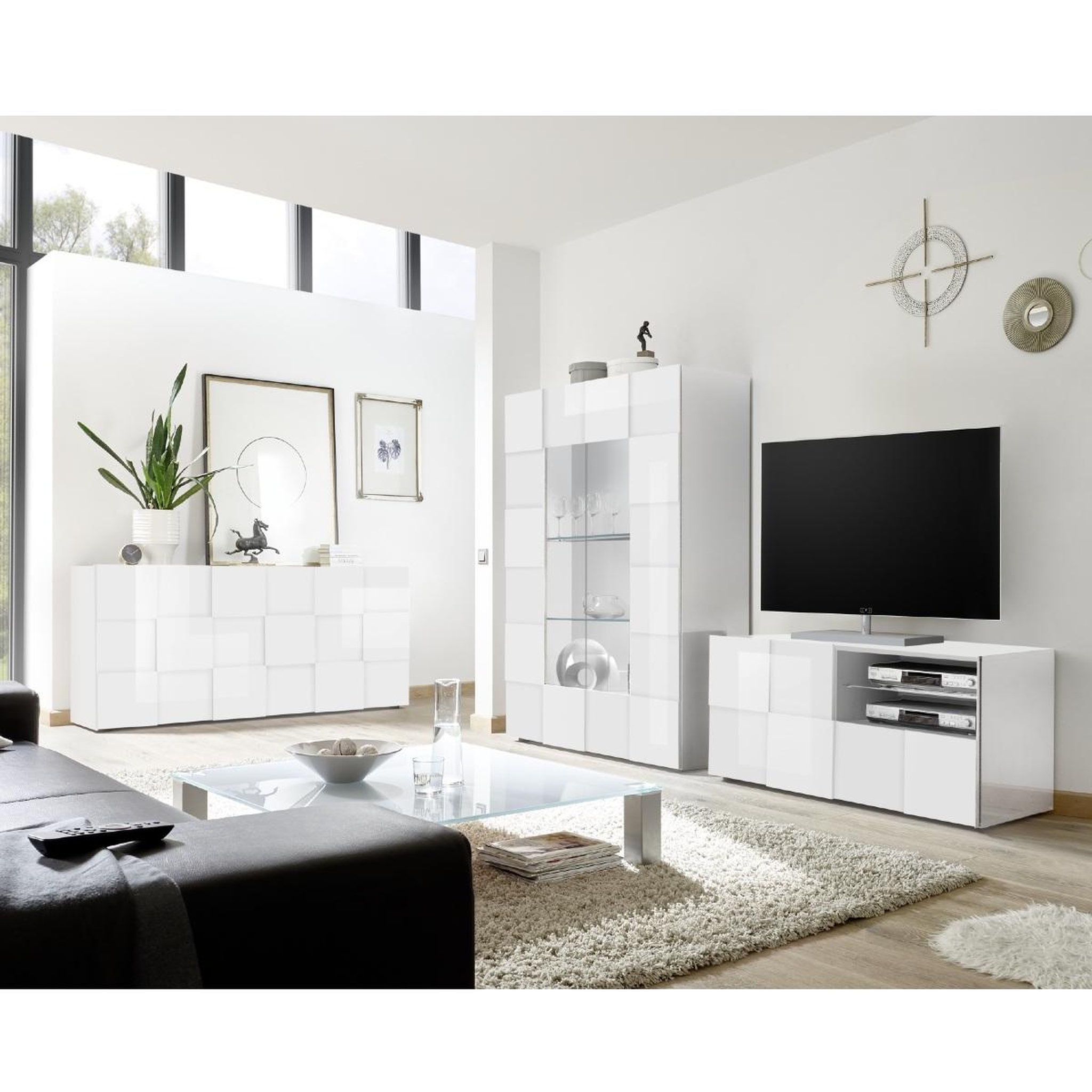 Voir la diapositive 5 : JLC KREATION Buffet bas design laqué blanc 3 portes mado